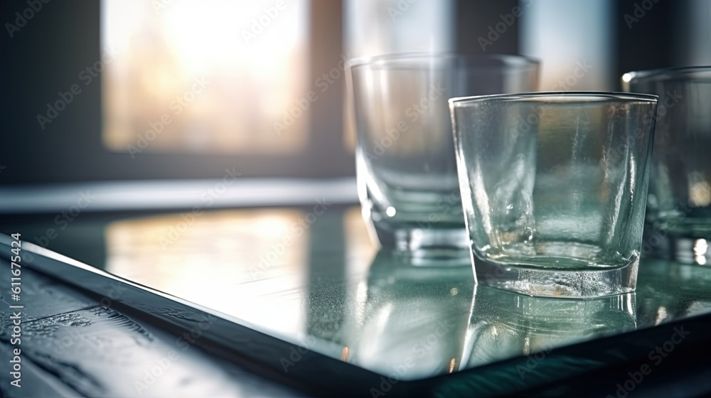 Poster a tray with glasses sitting on top of a table next to a window. generative ai