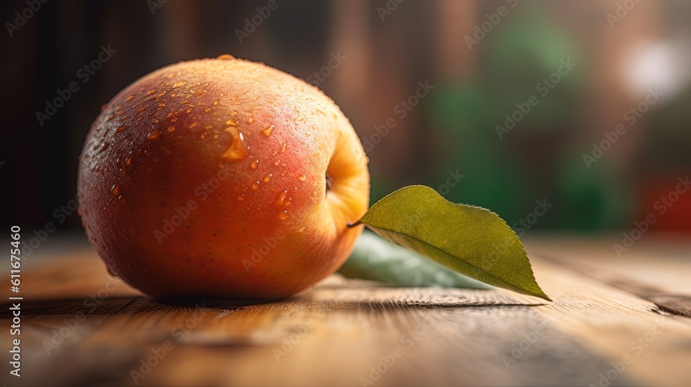 Poster a close up of an apple with a leaf on a table. generative ai