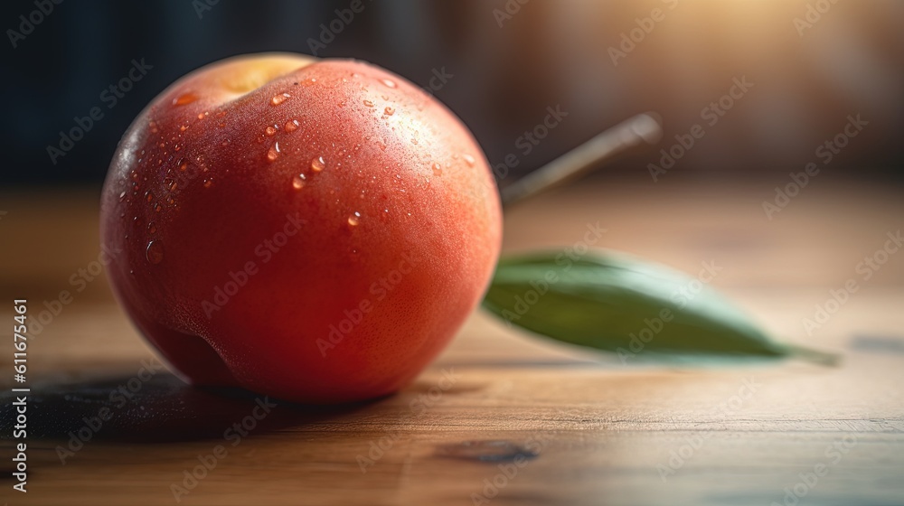 Poster a close up of an apple with a leaf on a table. generative ai