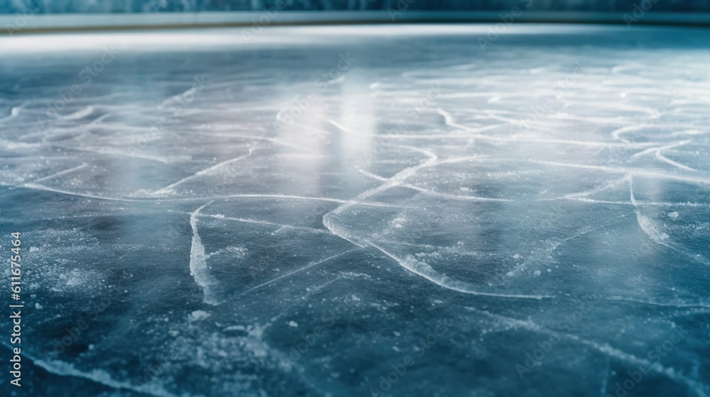Poster a close up of ice on a frozen surface with a building in the background. generative ai
