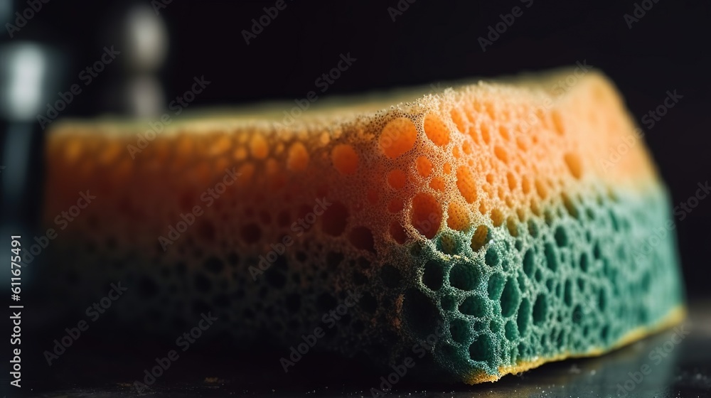 Poster a close up of a sponge on a counter top with a black background. generative ai