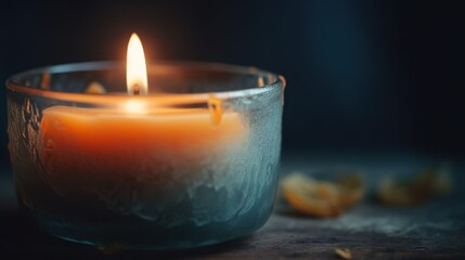 Fototapeta na wymiar a lit candle sitting on top of a table next to orange slices. generative ai