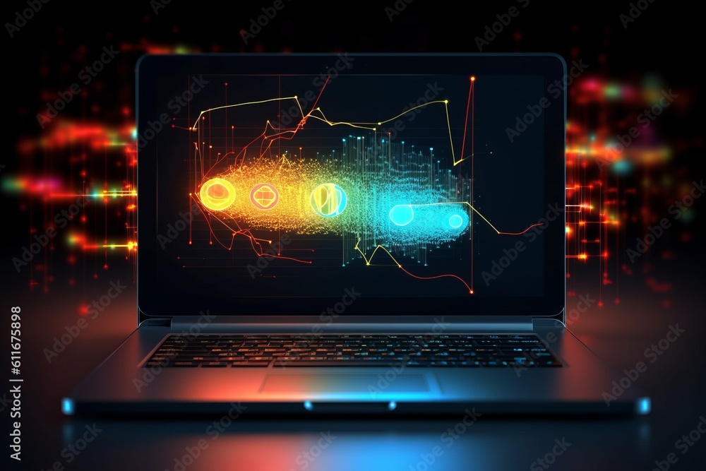 Poster technology-driven laptop displaying analytical data, generative ai.