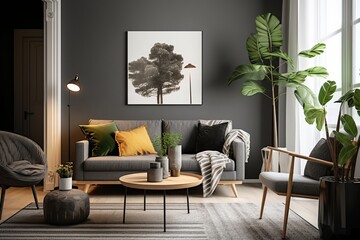 Stylish and Scandinavian Living Room in Apartment:  Sofa, Plaid Pillows, Lush Plants, Wooden Toilet, a Black Table, a Chic Lamp Abstract Artworks, Generative AI.