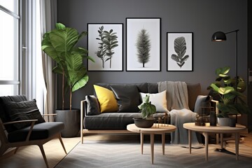 Stylish and Scandinavian Living Room in Apartment:  Sofa, Plaid Pillows, Lush Plants, Wooden Toilet, a Black Table, a Chic Lamp Abstract Artworks, Generative AI.
