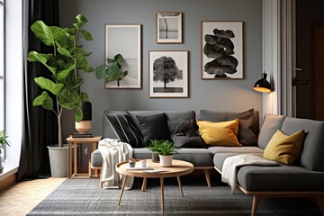 Stylish and Scandinavian Living Room in Apartment:  Sofa, Plaid Pillows, Lush Plants, Wooden Toilet, a Black Table, a Chic Lamp Abstract Artworks, Generative AI.
