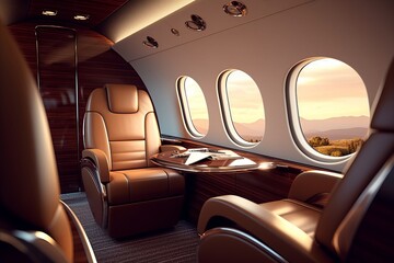 Luxurious Private Jet Interior Featuring Plush Leather Seats, Generative AI.