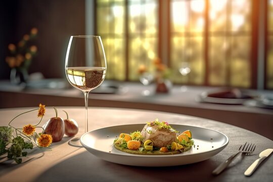 AI-Generated Image of a Luxurious Restaurant Setting with a Michelin Star-Quality Dish and Wine on the Table, Generative AI.
