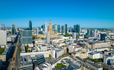 Naklejka na ściany i meble Aerial view of Warsaw city center in summer, Poland