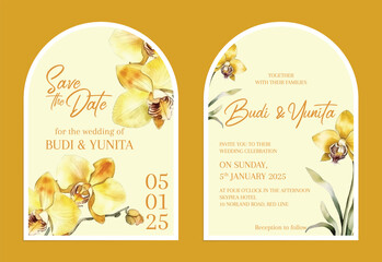 Vector modern invitation card template set with clean minimalist boho style watercolor leaves and flower © Budi