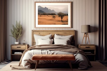 Rustic Charm: A Bedroom Frame Mockup with a Countryside Vibe, Generative AI.