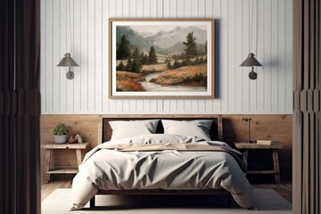 Rustic Charm: A Bedroom Frame Mockup with a Countryside Vibe, Generative AI.