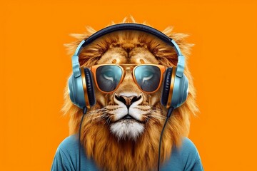 Lion DJ with Sunglasses and Headphones Full of Swagger. Generative AI