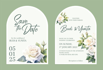 Vector modern invitation card template set with clean minimalist boho style watercolor leaves and flower