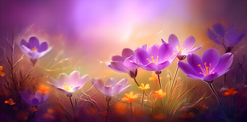 Fototapeta na wymiar crocus blooming in the grass, in the style of light magenta and light amber - generative ai