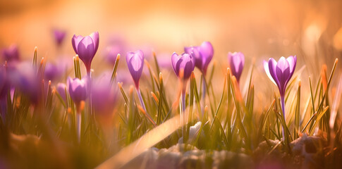 crocus blooming in the grass, in the style of light magenta and light amber - generative ai