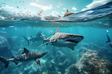 Gefährliche Haie im blauen tropischen Wasser