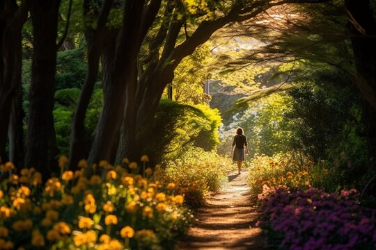 Rear view of a person strolling on a path lined with vibrant flowers, serene atmosphere.
