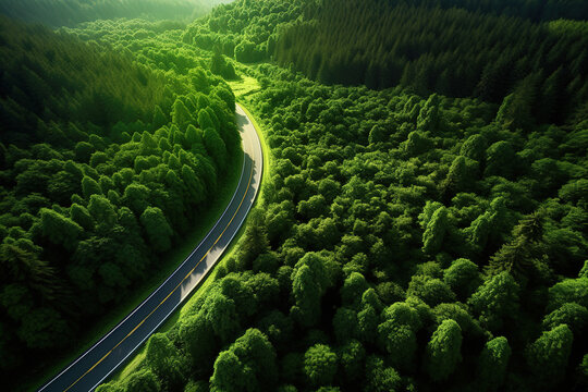 Aerial photography of forest trees and road surfaces