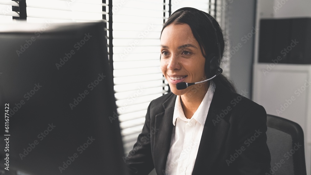 Aufkleber competent female operator working on computer and talking with clients. concept relevant to both cal
