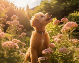 poodle puppy in a blooming garden in summer - Generative AI