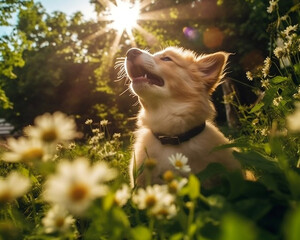 mixed border collie poodle puppy in a blooming garden in summer - Generative AI