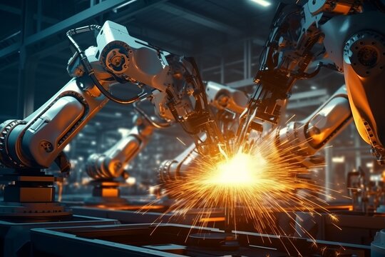 avanced Technology Industrial Welding Robots: Futuristic Factory's Robotic Arms at Work., Generative AI.
