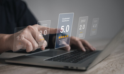 Concept of satisfaction and customer service. : Business man use his finger to touching or pressing the virtual screen Five score and five star to show satisfaction with the service or give rate.	
