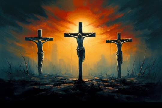 Symbolic Crucifixion: An Oil Painting of Three Crosses on Calvary Depicting Jesus Christ's Sacrifice, Generative AI.