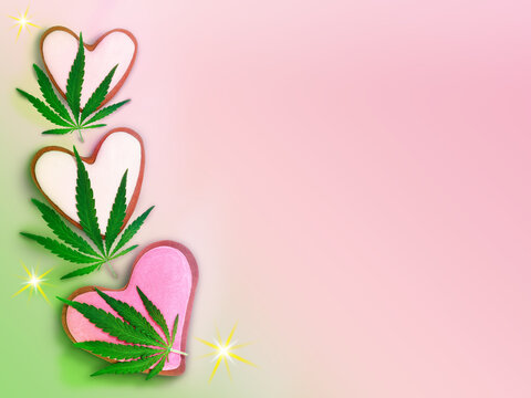 Cannabis leaves and hearts. Hemp leaves and hearts. Marijuana day. Gingerbread and hemp leaves