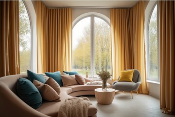 Stylish Drapes Complement Windows in Modern Living Room Interior, Generative AI.