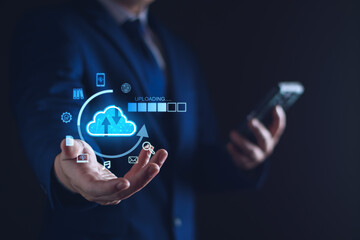 Cloud computing diagram show on virtual screen. Cloud syncing technology. Data storage. Network internet service concept, Big Data, upload, download, database, Information system management technology