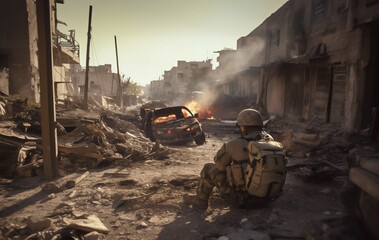 Fototapeta na wymiar A soldier in a war torn city