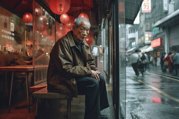 Obraz na płótnie Canvas Old man sitting in the corner of the street