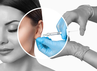 Cosmetologist does prp therapy for smoothing wrinkles and against flabbiness of skin on earlobe of...