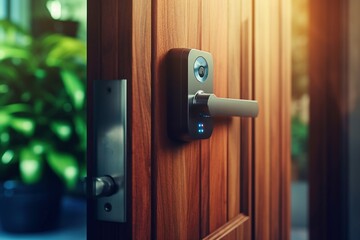 Obraz premium Locking smartlock on the entrance door using a smart phone remotely. Concept of using smart electronic locks with keyless access Generative AI