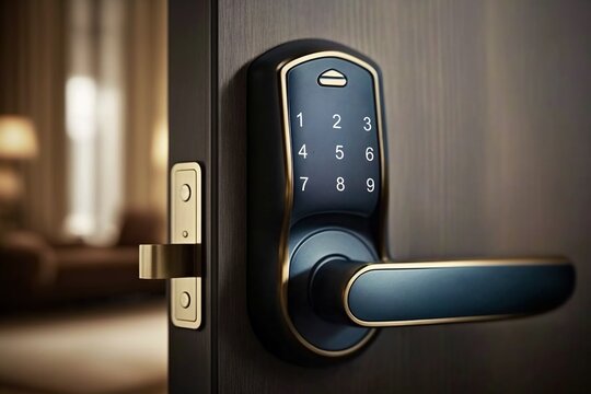 Locking smartlock on the entrance door using a smart phone remotely. Concept of using smart electronic locks with keyless access Generative AI