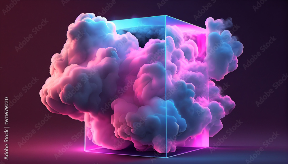 Wall mural 3d rendering, abstract pink blue neon background with glowing cloud and cube box geometric shape ai 