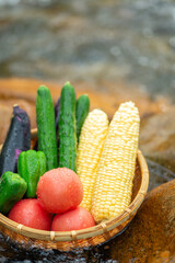 清流とザルに入れた夏野菜
