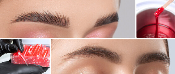 The make-up artist does Long-lasting styling of the eyebrows of the eyebrows and will color the...