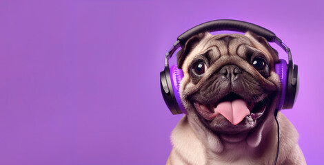 Fototapeta Happy puppy in headphones on a purple background. AI generation obraz