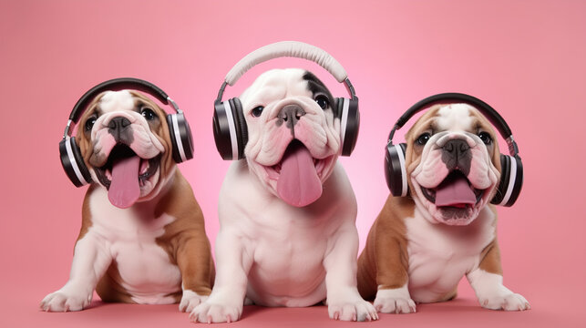 Three cheerful bulldogs in headphones on a pink background. AI generation