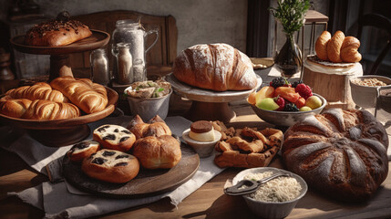 Obraz na płótnie Canvas A table adorned with an assortment of freshly baked bread and pastries