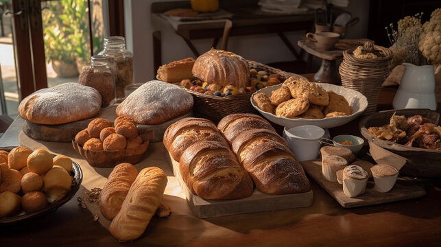 A table adorned with an assortment of freshly baked bread and pastries