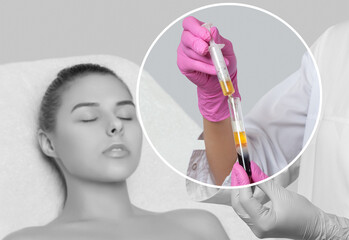 Cosmetologist does prp therapy on the face of a beautiful woman in a beauty salon. There is in...