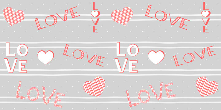 Fototapeta Red and white striped hearts and inscriptions love on a gray striped background. Valentine's day and wedding endless texture with words. Love concept. Vector seamless pattern for wrapping paper, print