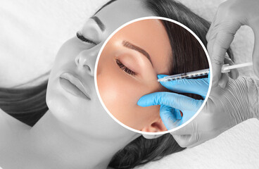 Cosmetologist does prp therapy anti wrinkle and aging skin on the face of a beautiful woman in a...