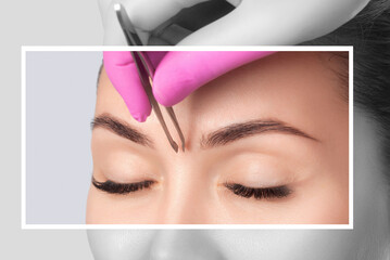 Makeup artist plucks eyebrows with tweezers to a woman. Women's cosmetology in the beauty salon.