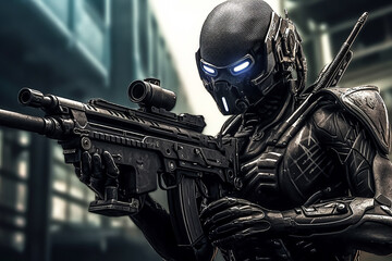 cyborg soldier with rifle