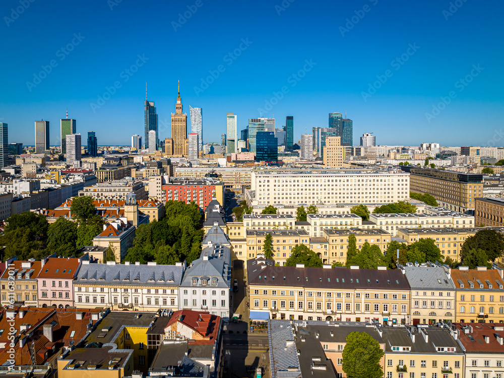 Poster aerial view of warsaw city center in summer, poland